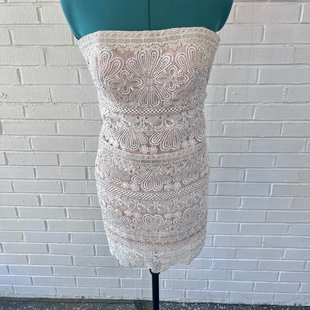 Modern Ellie Wilde Mon Cheri formal sleeveless lace mini dress